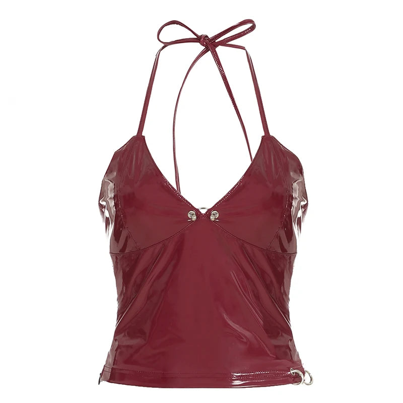 Metallic Button Halter Leather Top