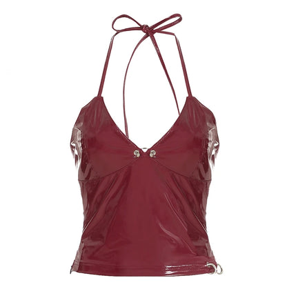 Metallic Button Halter Leather Top