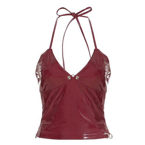 Metallic Button Halter Leather Top