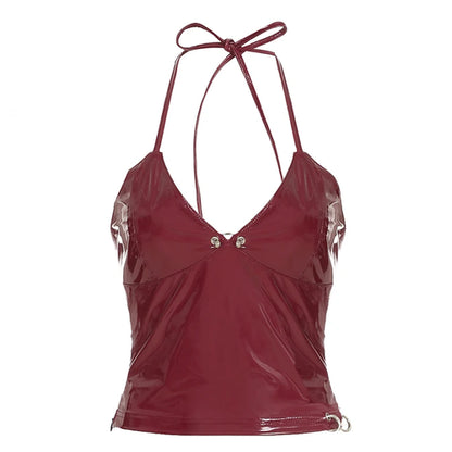 Metallic Button Halter Leather Top