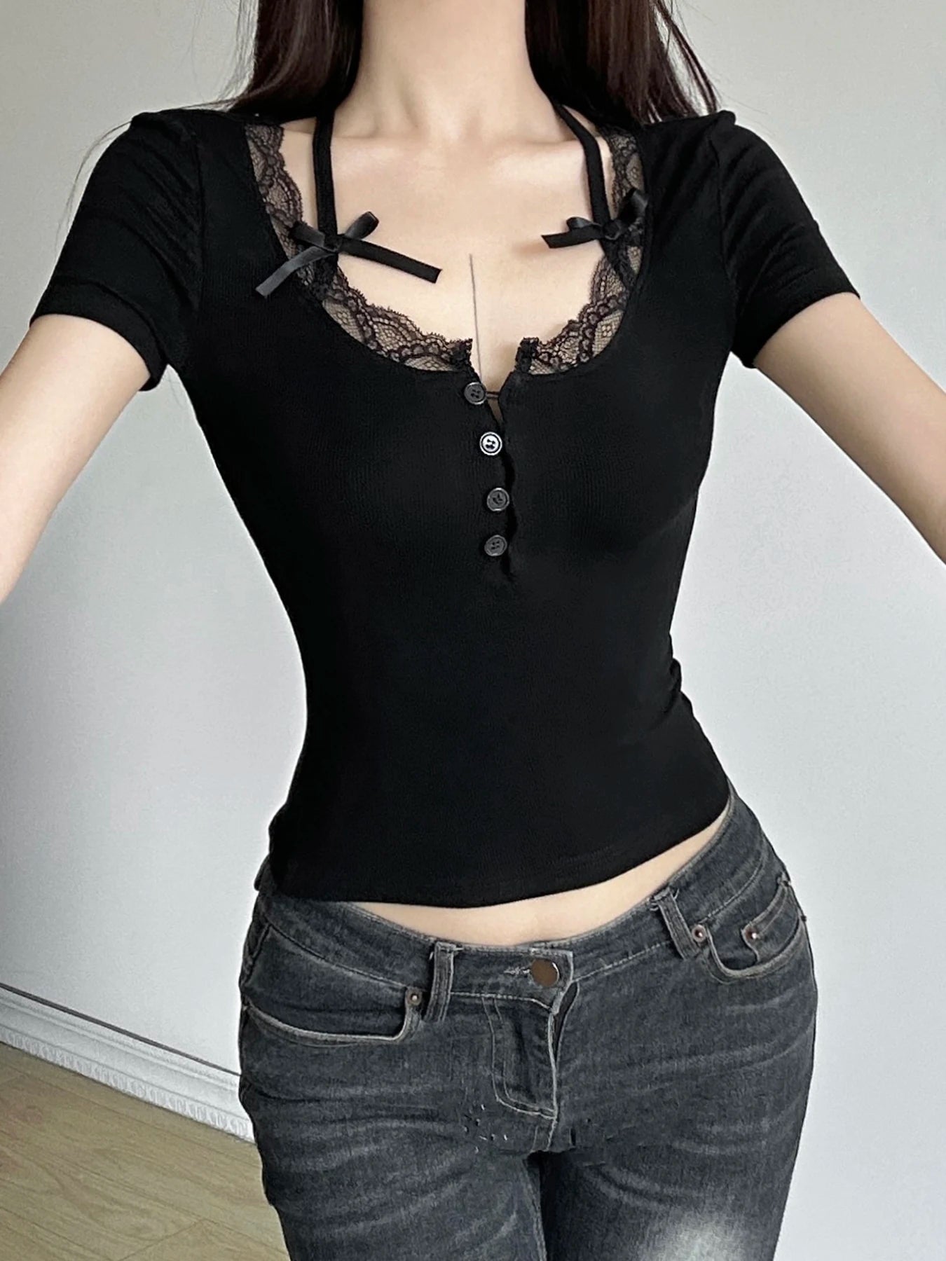 Halter Neck Lace Trim Black T-Shirt