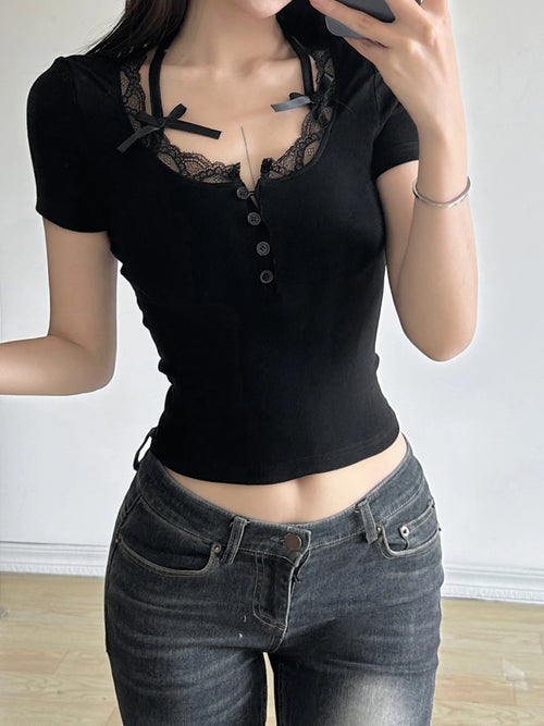 Halter Neck Lace Trim Black T-Shirt