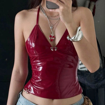 Metallic Button Halter Leather Top