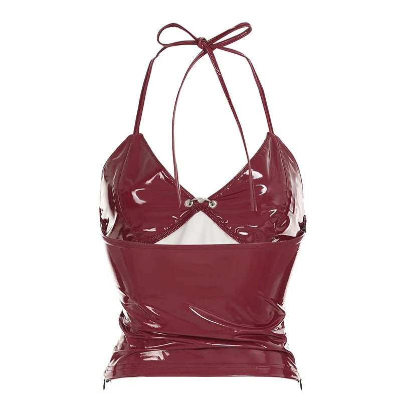 Metallic Button Halter Leather Top