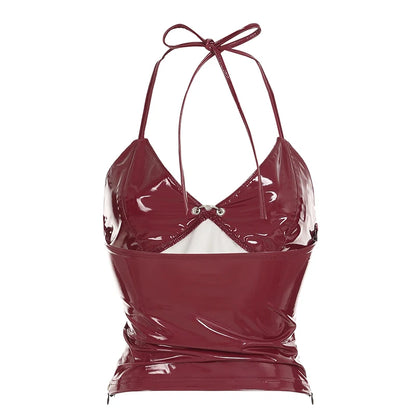 Metallic Button Halter Leather Top