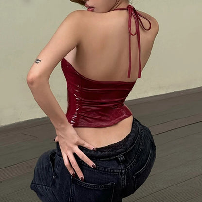 Metallic Button Halter Leather Top